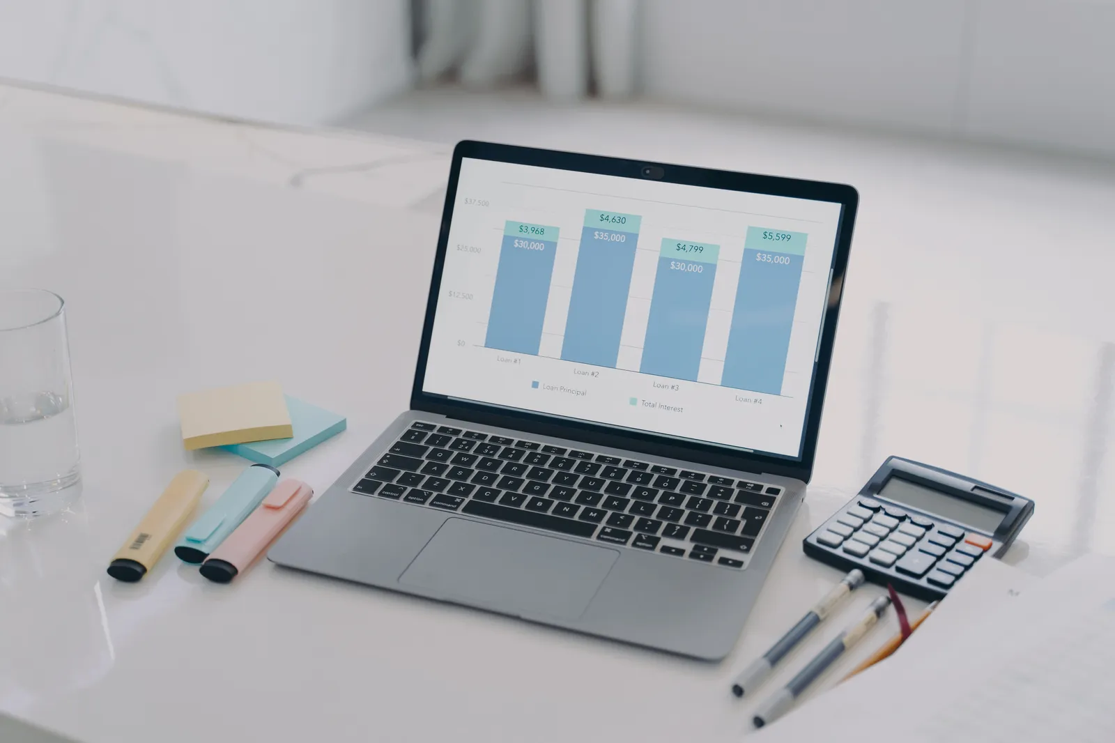 Ordinateur portable affichant un graphique, avec calculatrice sur un bureau